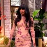 Jameela Jamil’s pink floral bustier mini dress on The View
