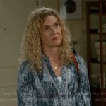 Jan’s blue printed blouse on Beyond the Gates