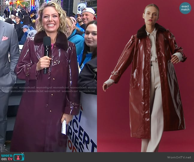 Jane Post Long Raincoat with detachable plush collar in Deep Red worn by Dylan Dreyer on Today