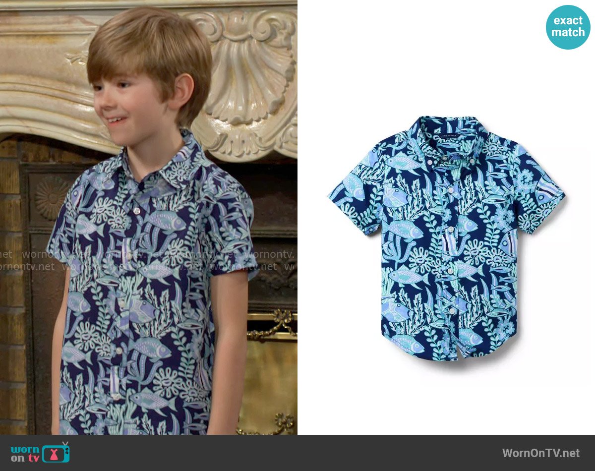 Janie and Jack The Poplin Shirt in Dark Blue Fish worn by Harrison (Redding Munsell) on The Young and the Restless
