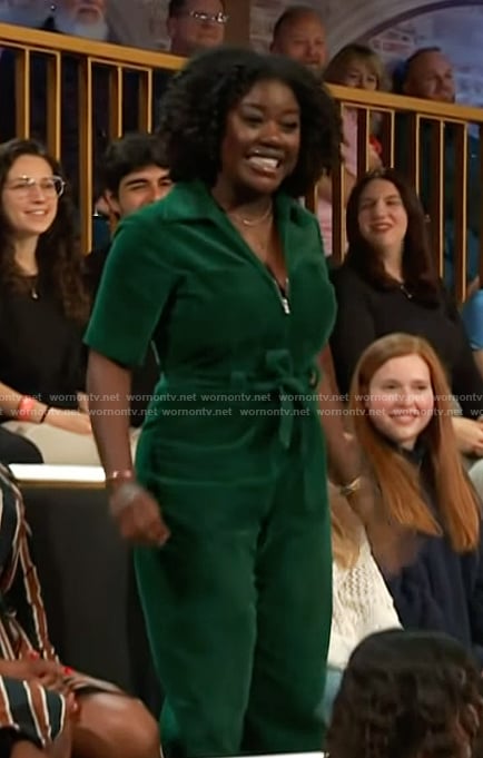 Jenneh Kaikai’s green corduroy jumpsuit on The Kelly Clarkson Show