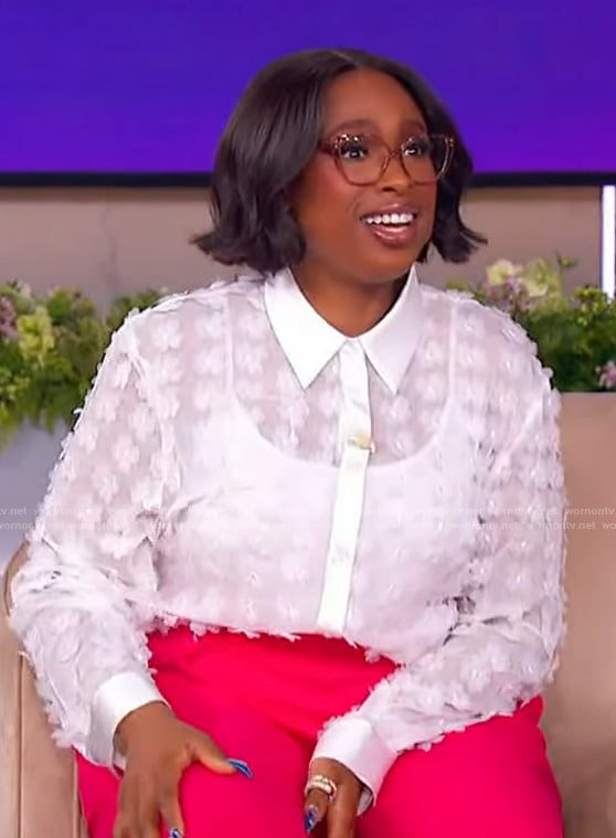 Jennifer’s white floral applique blouse on The Jennifer Hudson Show