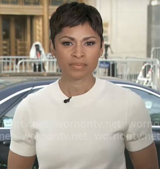 Jericka Duncan’s white short-sleeve sweater on CBS Mornings