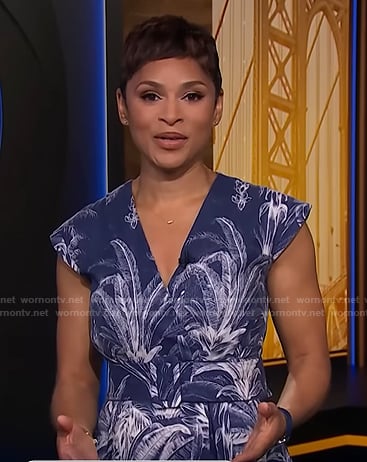 Jericka's navy palm tree print dress on CBS Evening News