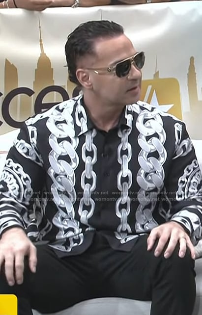 Michael Paul Sorrentino’s black chain print shirt on Access Hollywood