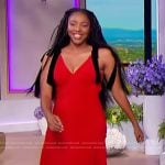 Jessica Williams red dress with contrast bows on The Jennifer Hudson Show