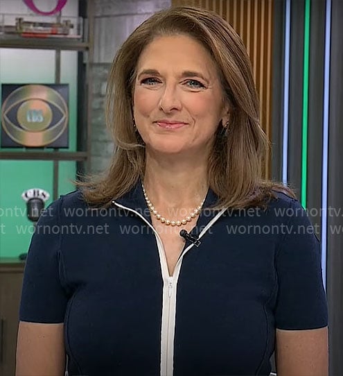 Jill Schlesinger's navy zip front dress on CBS Mornings