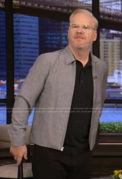 Jim Gaffigan's gray zip front jacket on Live with Kelly and Mark
