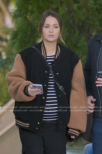 Jo’s black and brown fleece varsity jacket on Greys Anatomy