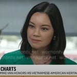 Jo Ling Kent’s green rib knit polo top on CBS Mornings