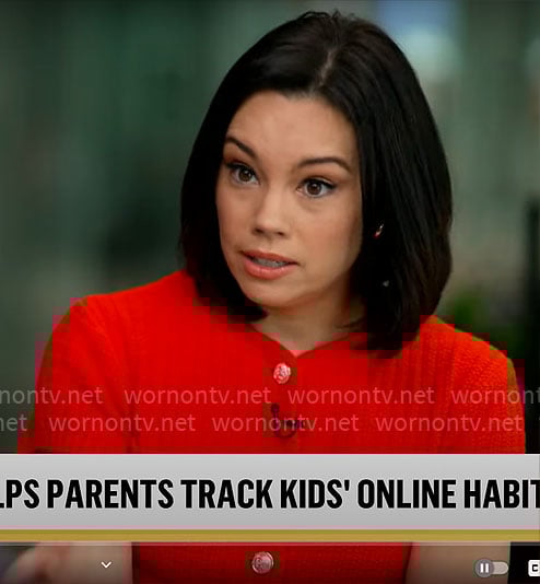 Jo Ling Kent's red short sleeve cardigan on CBS Mornings