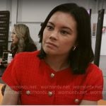 Jo Ling Kent’s red short sleeve cardigan on CBS Mornings