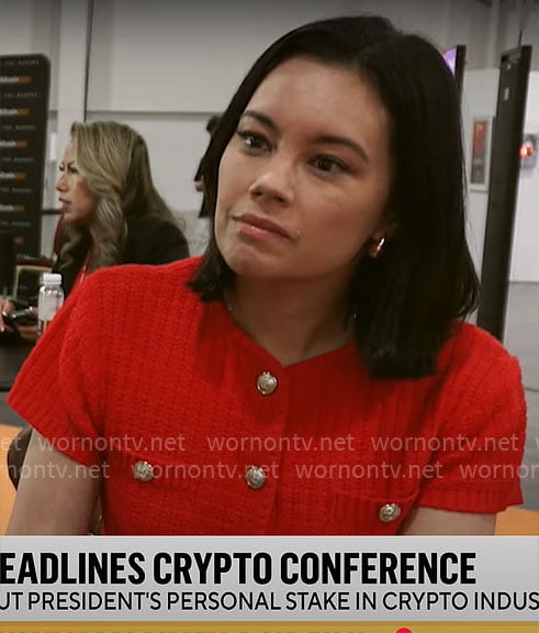 Jo Ling Kent’s red short sleeve cardigan on CBS Mornings
