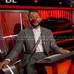 John Legend’s grey embellished long blazer and pleated pants on The Voice