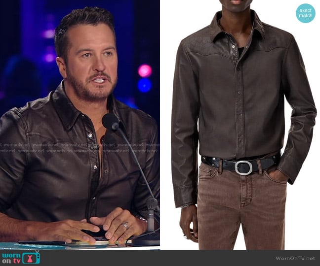 John Varvatos Samuel Leather Shirt Jacket in Earth Brown worn by Luke Bryan on American Idol