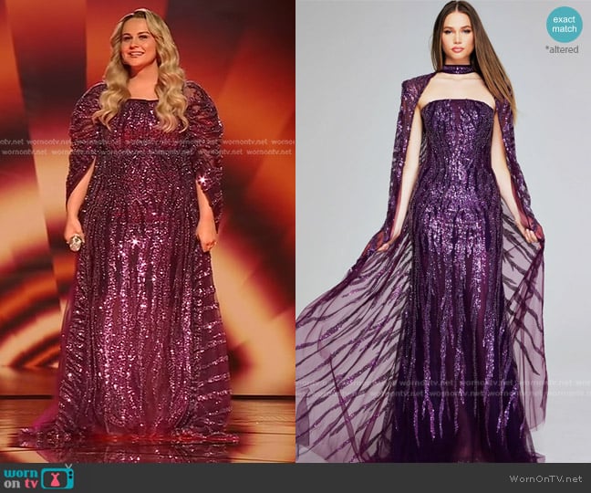 Jovani Enchanting Purple Sequin Gown with Dramatic Cape 39046 worn by Breanna Nix on American Idol