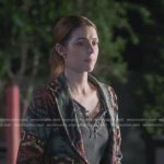 Jules’ grey lace-trim top and aztec print coat on Greys Anatomy