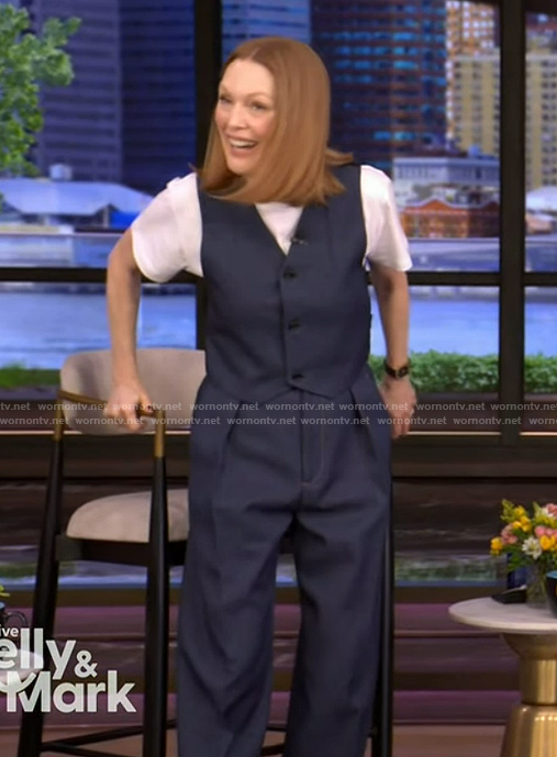 Julianne Moore’s navy vest and pants on Live with Kelly and Mark