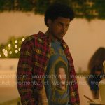 Justin’s Dr Dre t-shirt and red flannel shirt on Forever