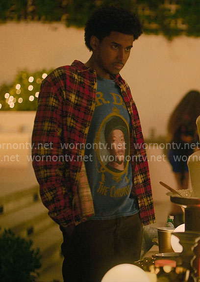 Justin's Dr Dre t-shirt and red flannel shirt on Forever