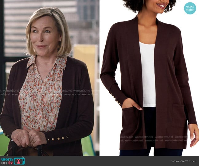 JM Collection Button-Sleeve Flyaway Cardigan in Dark Brown worn by Maureen Lincoln (Bess Armstrong) on Greys Anatomy