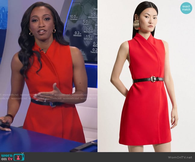 Karen Millen Compact Stretch Wrap Neck Full Skirt Tailored Mini Dress worn by Brittany Bell on Good Morning America