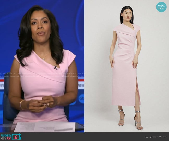 Karen Millen Structured Crepe Asymmetric Neck Midi Dress in Pale Pink worn by Shirleen Allicot on Good Morning America