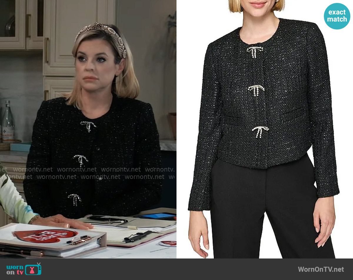 Karl Lagerfeld Paris Tweed Crystal Bow Scoop Neck Long Sleeve Cropped Jacket worn by Maxie Jones (Kirsten Storms) on General Hospital
