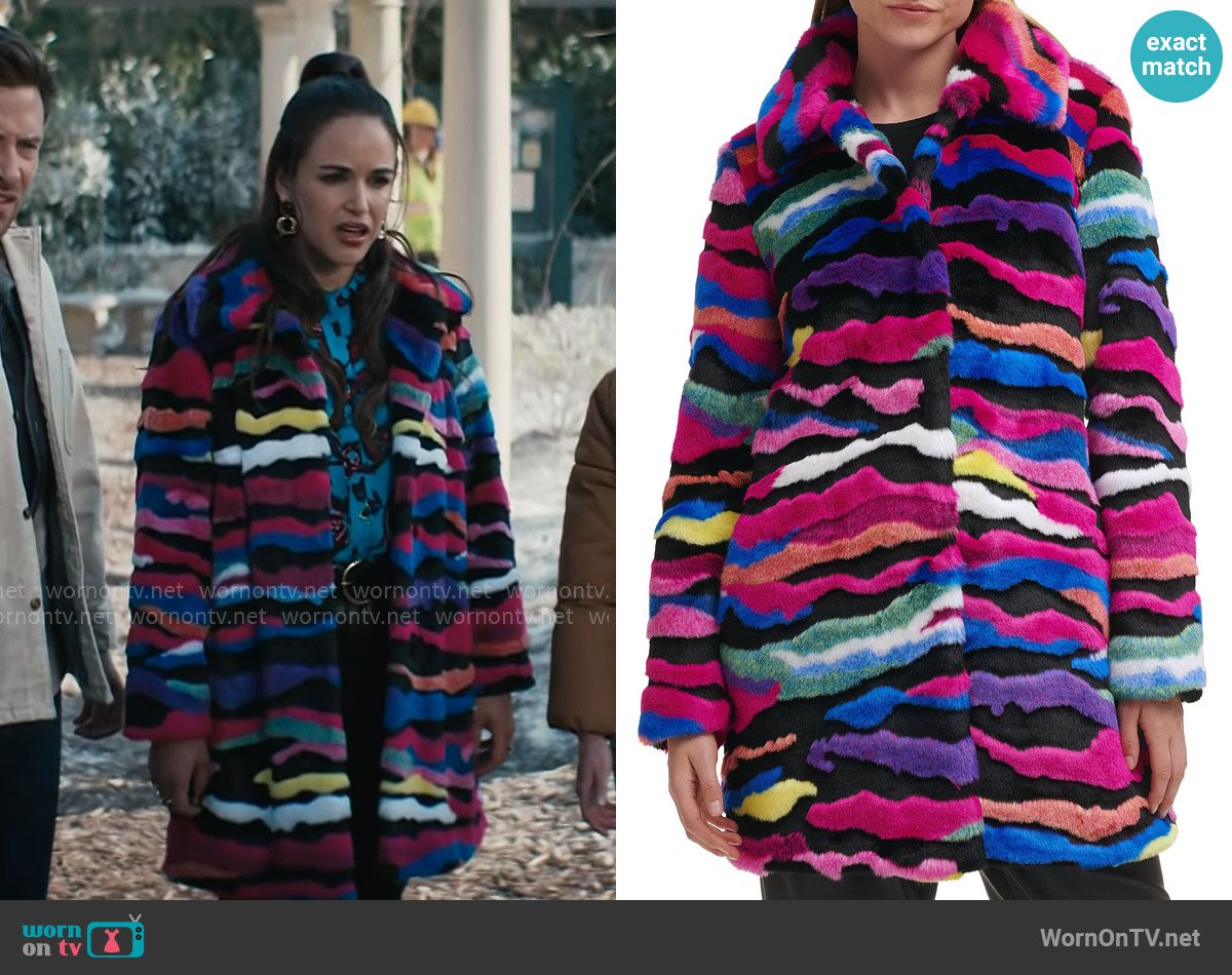 Karl Lagerfeld Paris Multicolor Faux Fur Coat worn by Birdie (Melissa Fumero) on Grosse Pointe Garden Society