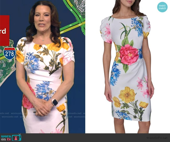 Karl Lagerfeld Short Ruched Sleeve Jewel Neck Sheath Mini Dress worn by Heather O’Rourke on Good Morning America