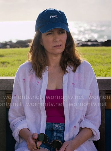 Kate's pink palm tree embroidered shirt and Ciao hat on The Four Seasons