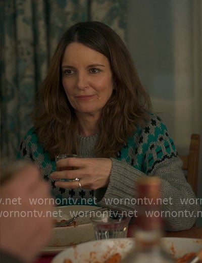 Kate's grey and green printed sweater on The Four Seasons