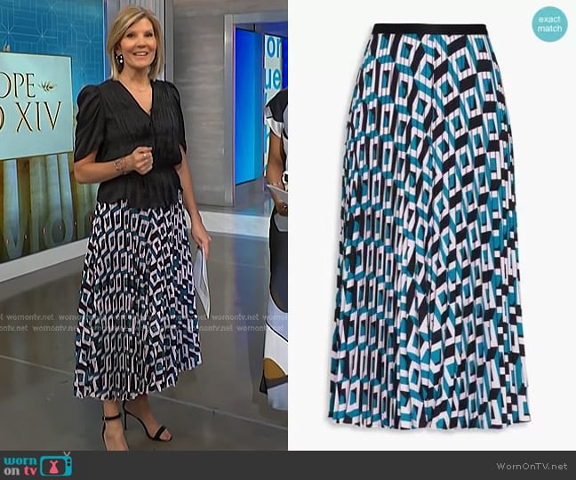 Diane von Furstenberg Saxon Pleated Printed Crepe Midi Skirt worn by Kate Snow on NBC News Daily