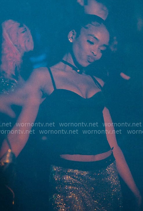 Keisha's black bustier top and embellished mini skirt on Forever