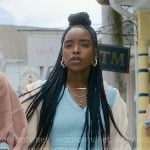 Keisha’s blue cropped henley top and jeans on Forever