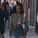 Keisha’s pink crop top, green bomber jacket and jeans on Forever