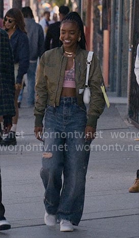 Keisha’s pink crop top, green bomber jacket and jeans on Forever