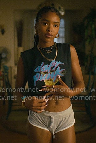 Keisha's Daft Punk top and grey shorts on Forever