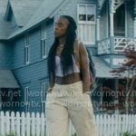 Keisha’s purple crop top and ivory pants on Forever