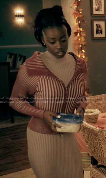 Keisha's ribbed zip front cardigan on The Chi