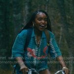 Keisha’s green crochet shirt, pink wrap bikini and denim shorts on Forever
