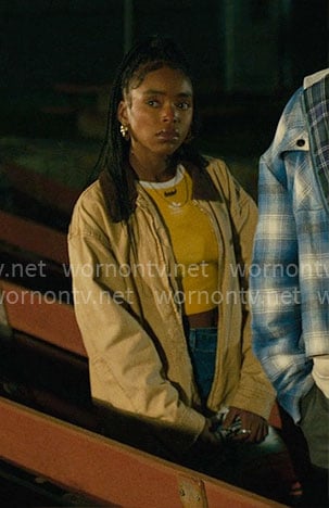 Keisha’s yellow Adidas top and beige jacket on Forever
