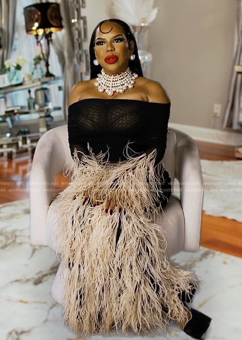 Kelli's feather trim confessional dress on The Real Housewives of Atlanta
