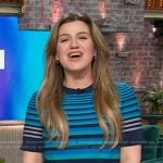 Kelly’s blue striped short sleeve top on The Kelly Clarkson Show