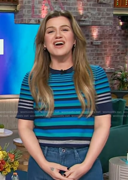 Kelly’s blue striped short sleeve top on The Kelly Clarkson Show