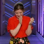Kelly’s black floral print mini skirt on The Kelly Clarkson Show