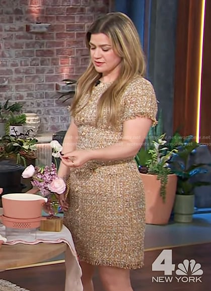 Kelly's gold tweed mini dress on The Kelly Clarkson Show