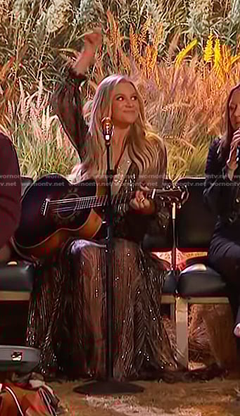 Kelsea Ballerini’s lurex paisley sheer maxi dress on The Voice