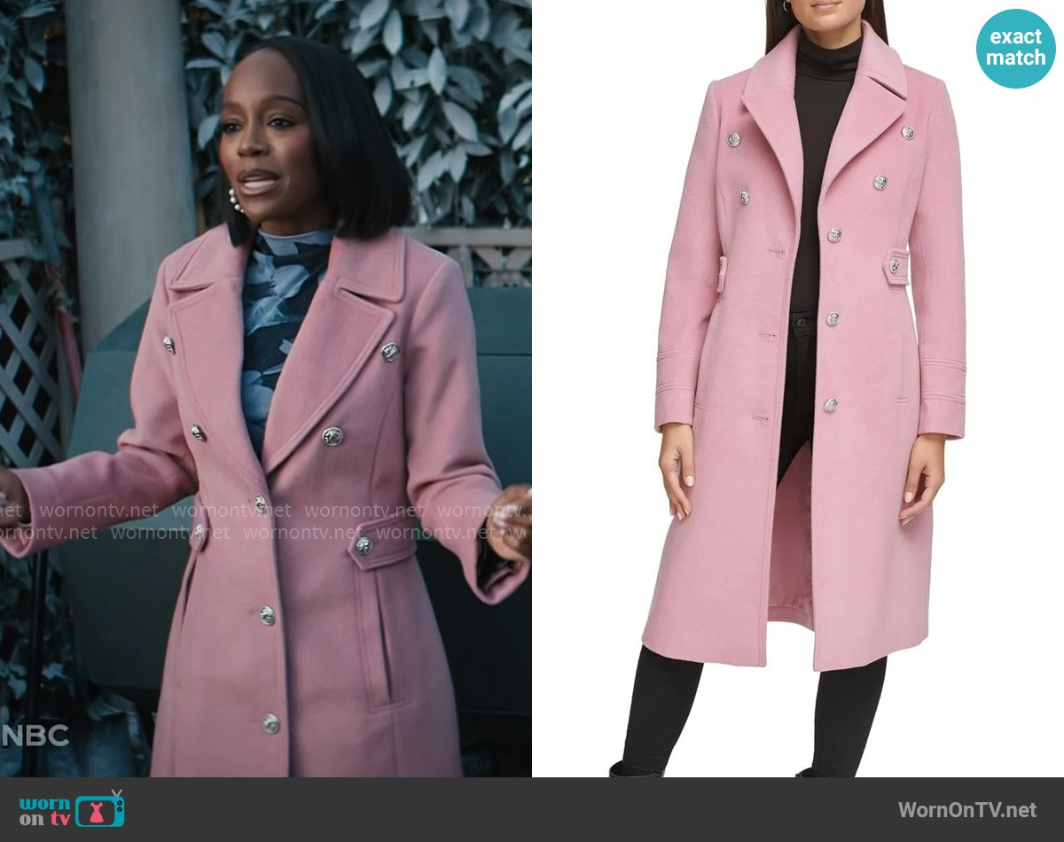 Kenneth Cole Military Wool Blend Overcoat in Pink worn by Catherine (Aja Naomi King) on Grosse Pointe Garden Society