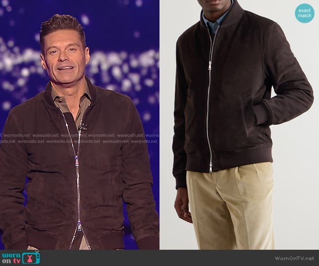 Ryan Seacrest’s brown suede bomber jacket on American Idol